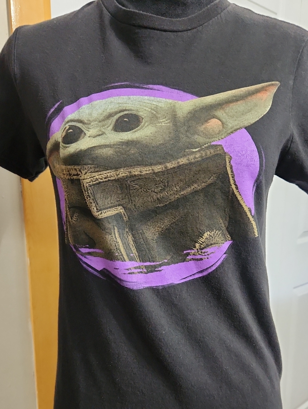 Women’s Black Short Sleeve Tee with Baby Yoda Graphic - Purple Accent